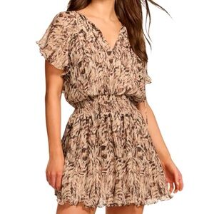 NWT RAMY BROOK Brown Pattern Short Sleeve Smocked Waist Ruffle Dress Size Small